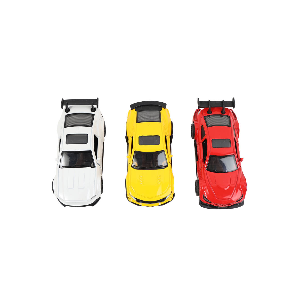 1:43 scale pull-back sports car set: white, yellow, and red models with wings