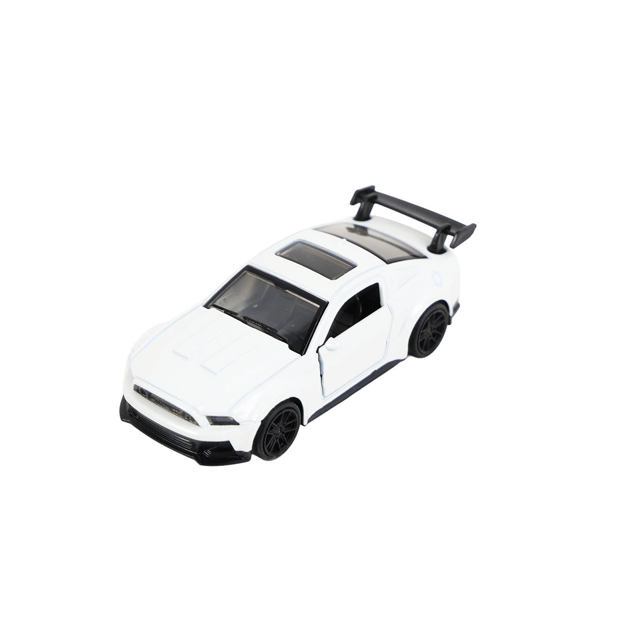 White 1:43 scale pull-back sports car with rear wing and black wheels