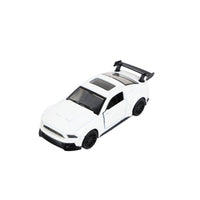 White 1:43 scale pull-back sports car with rear wing and black wheels