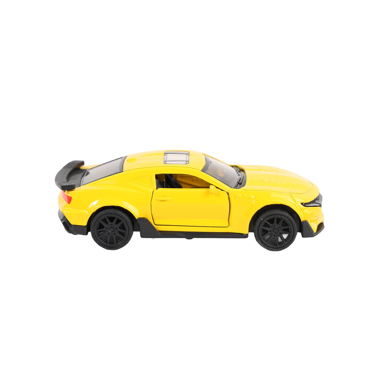 Yellow 1:43 scale pull-back sports car with rear wing and black wheels
