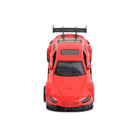 Red 1:43 scale pull-back sports car front view with black grille and roof