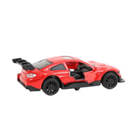 Red 1:43 scale pull-back sports car side view with black rear wing and wheels