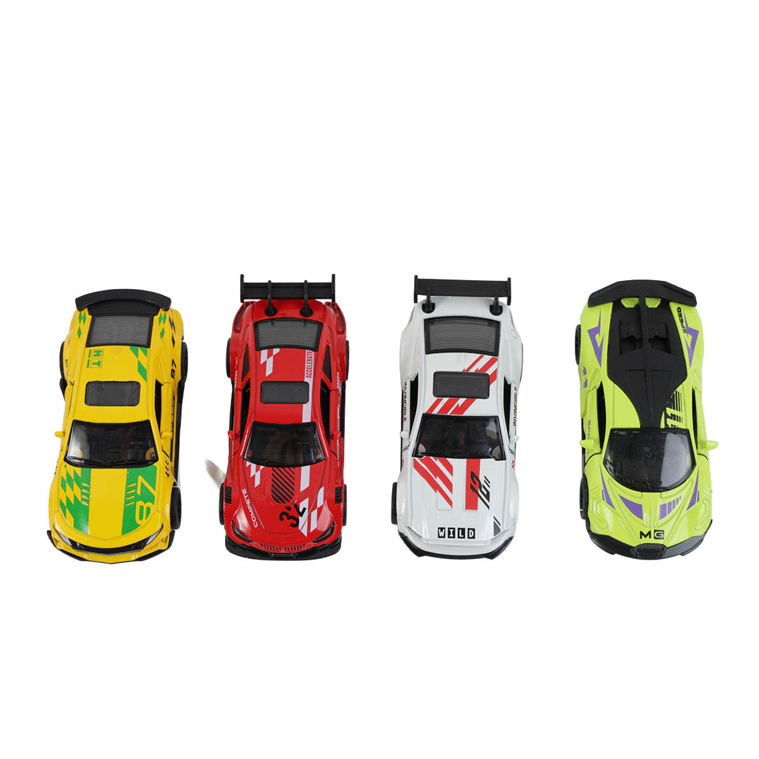 Alloy pull-back sports car lineup in yellow, red, white, and green, top view