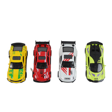 Alloy pull-back sports car lineup in yellow, red, white, and green, top view