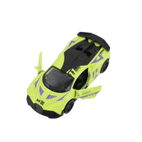 Green alloy pull-back sports car with open doors, racing decals, black wheels