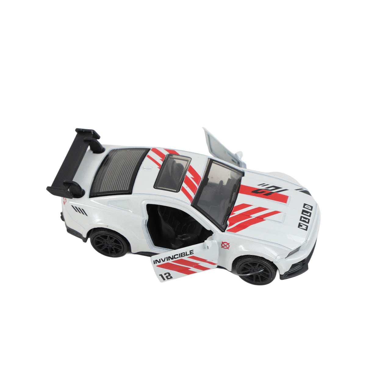 White alloy pull-back sports car with open doors, racing decals, black wheels