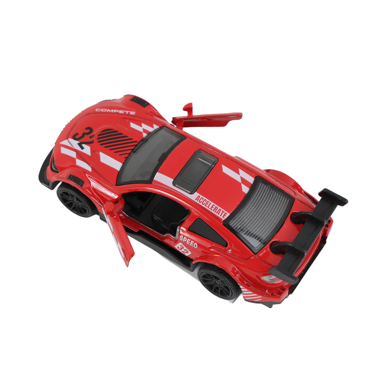Red alloy pull-back sports car with open doors, racing decals, black wheels