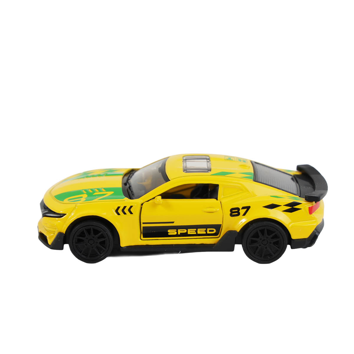 Yellow alloy pull-back sports car with open doors, racing decals, black wheels