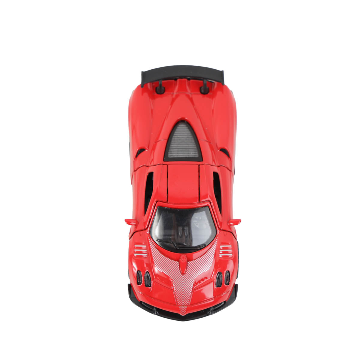 Red alloy pull-back sports car toy, rear view, 1:36 scale