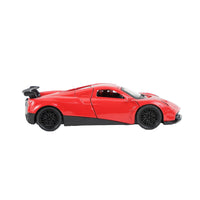 Red alloy pull-back sports car toy, side view, 1:36 scale