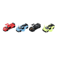Four alloy pull-back sports car toys in red, blue, black, and neon green, 1:36
