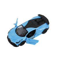 Light blue alloy pull-back sports car toy with open doors, 1:36 scale