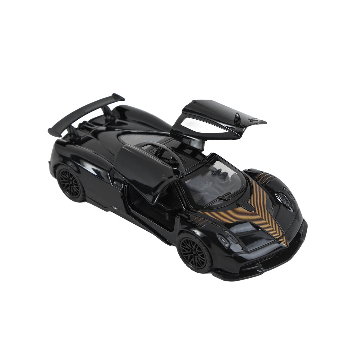 Black alloy pull-back sports car toy, open doors, 1:36 scale