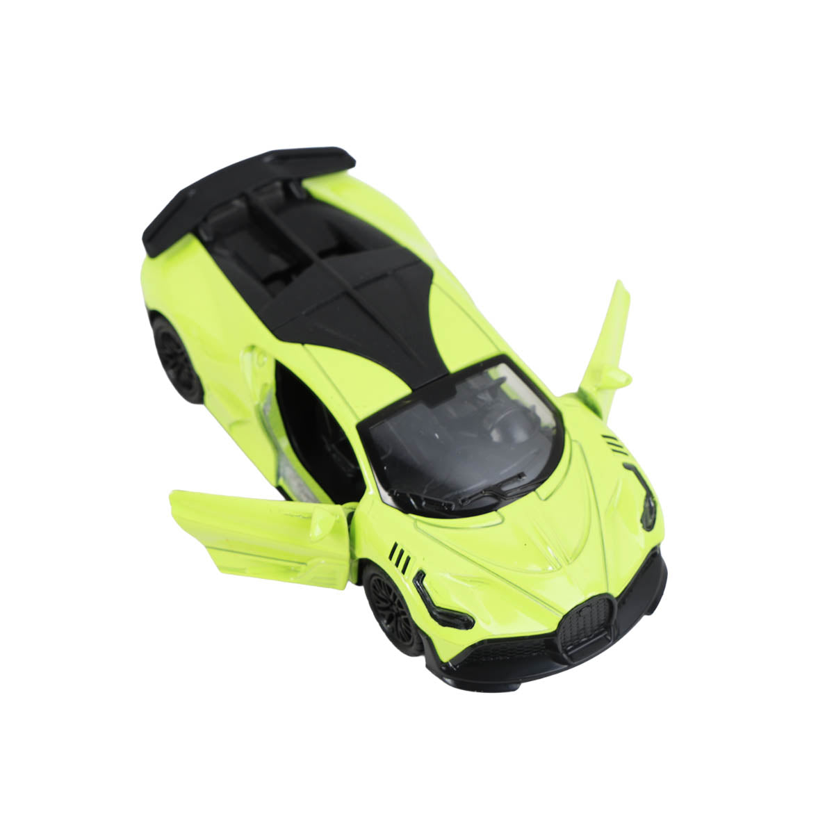 Neon green alloy pull-back sports car toy with open doors, 1:36 scale