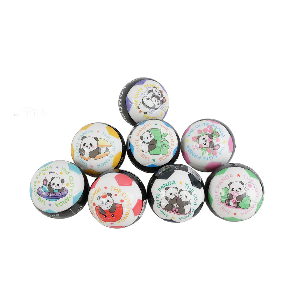 Several colorful 10 cm panda-print bouncy balls displayed together