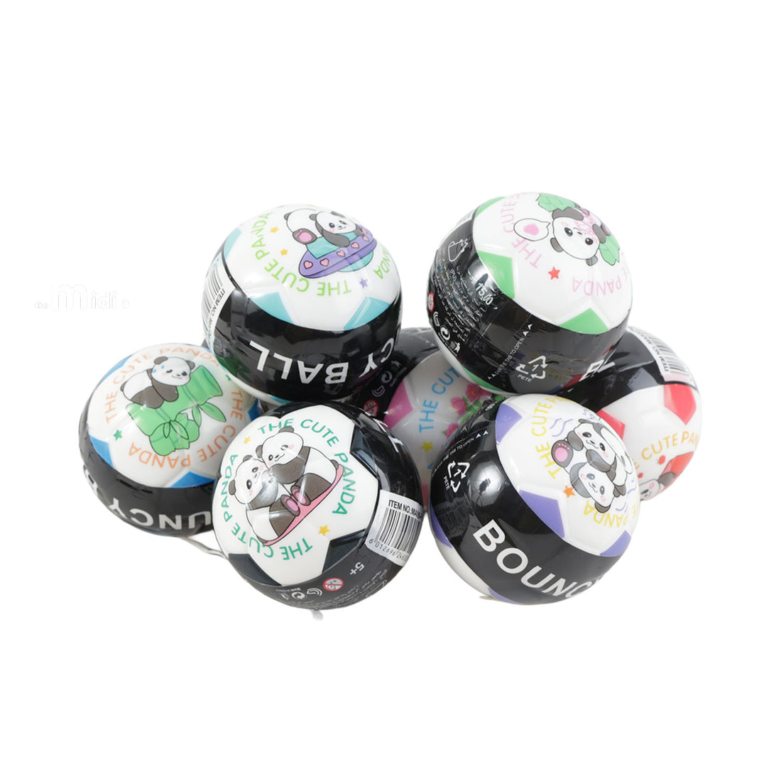 Group of panda-print bouncy balls in assorted colors viewed from above