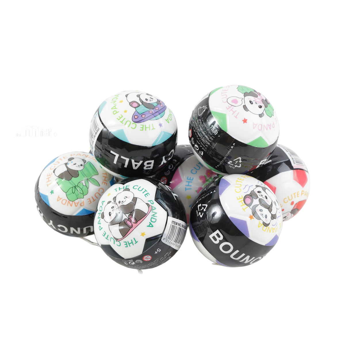 Group of panda-print bouncy balls in assorted colors viewed from above