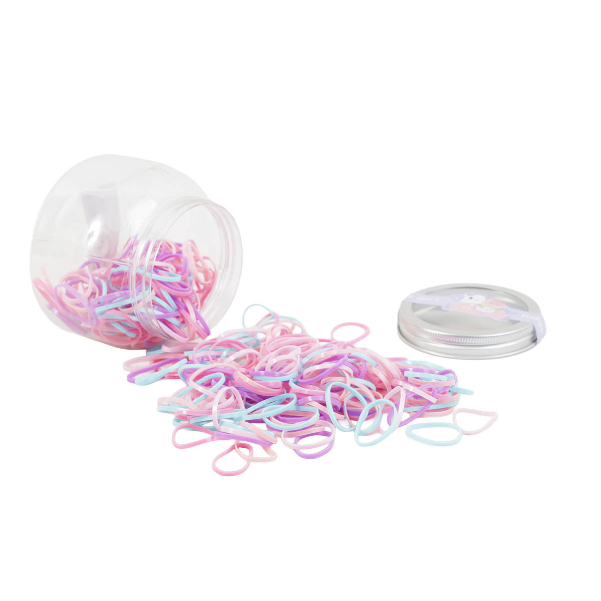 Clear canister tipped with pink and purple rubber bands plus silver lid