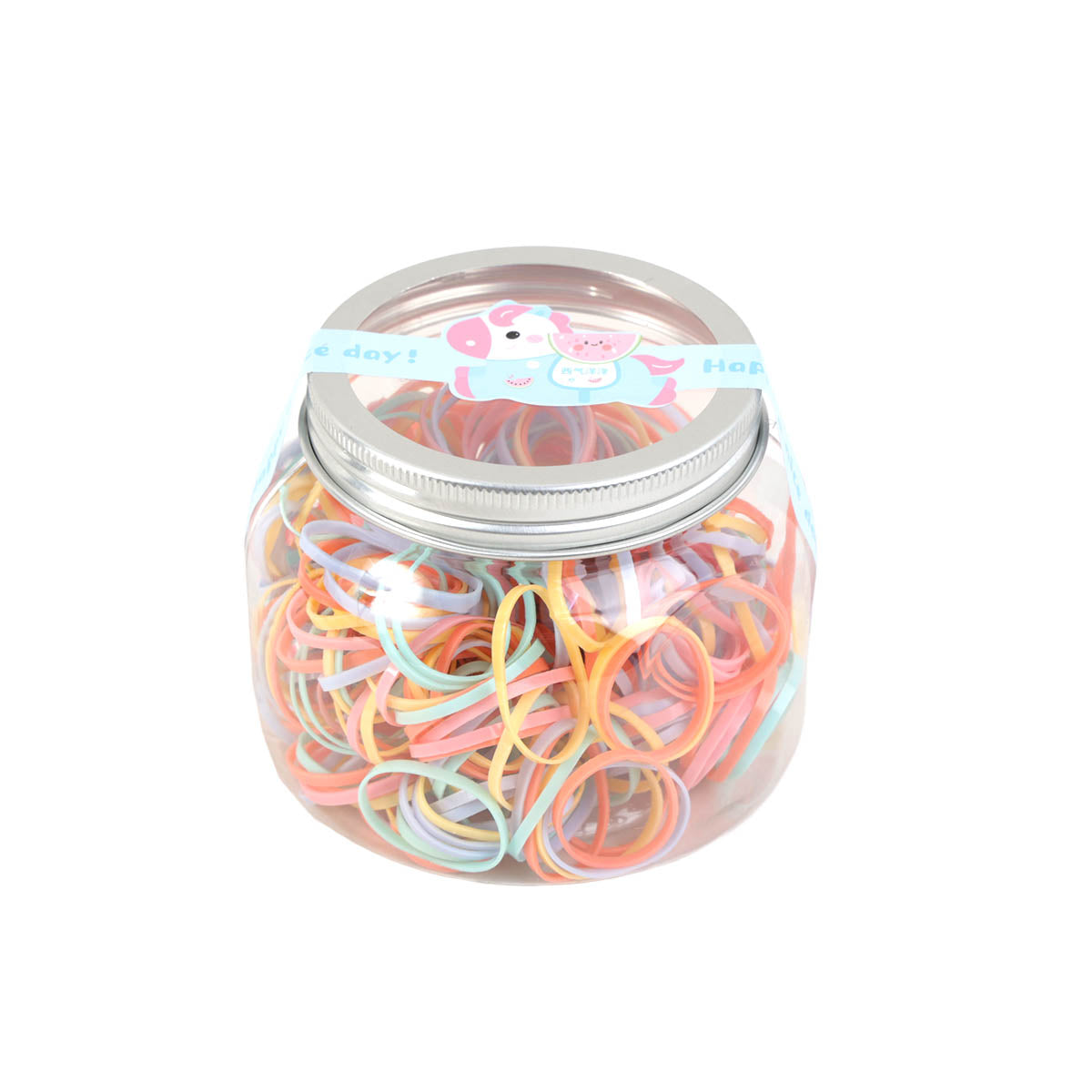 Plastic canister of orange and pastel rubber bands with silver screw lid