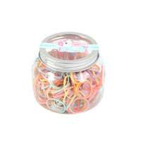 Plastic canister of orange and pastel rubber bands with silver screw lid
