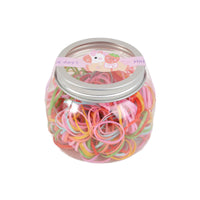 Plastic canister of multicolor rubber bands with silver screw lid