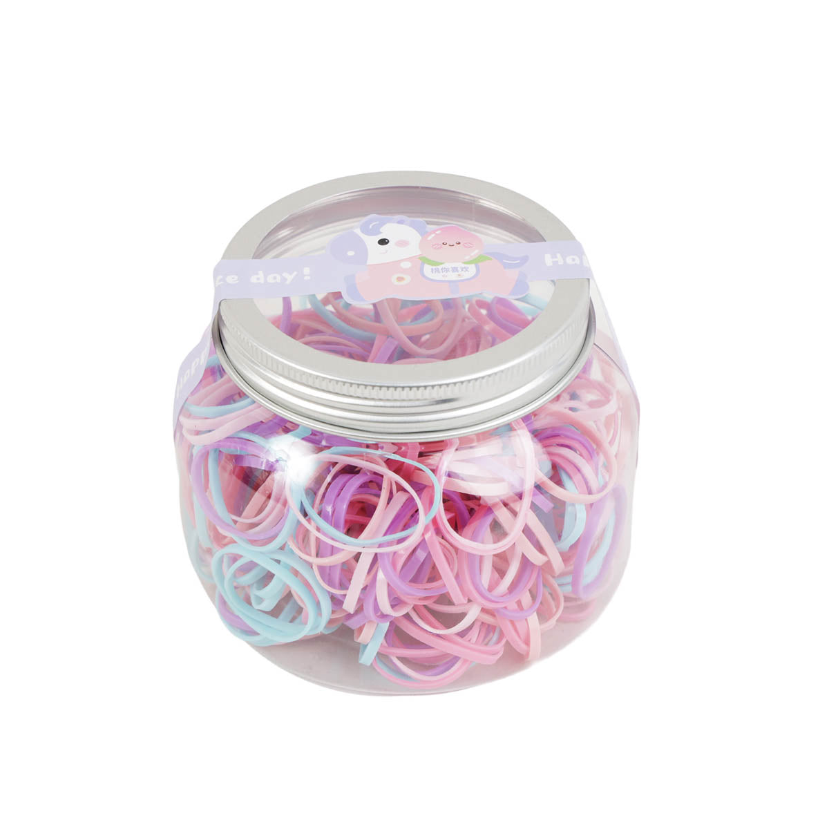 Plastic canister filled with pastel purple, pink, and light blue rubber bands