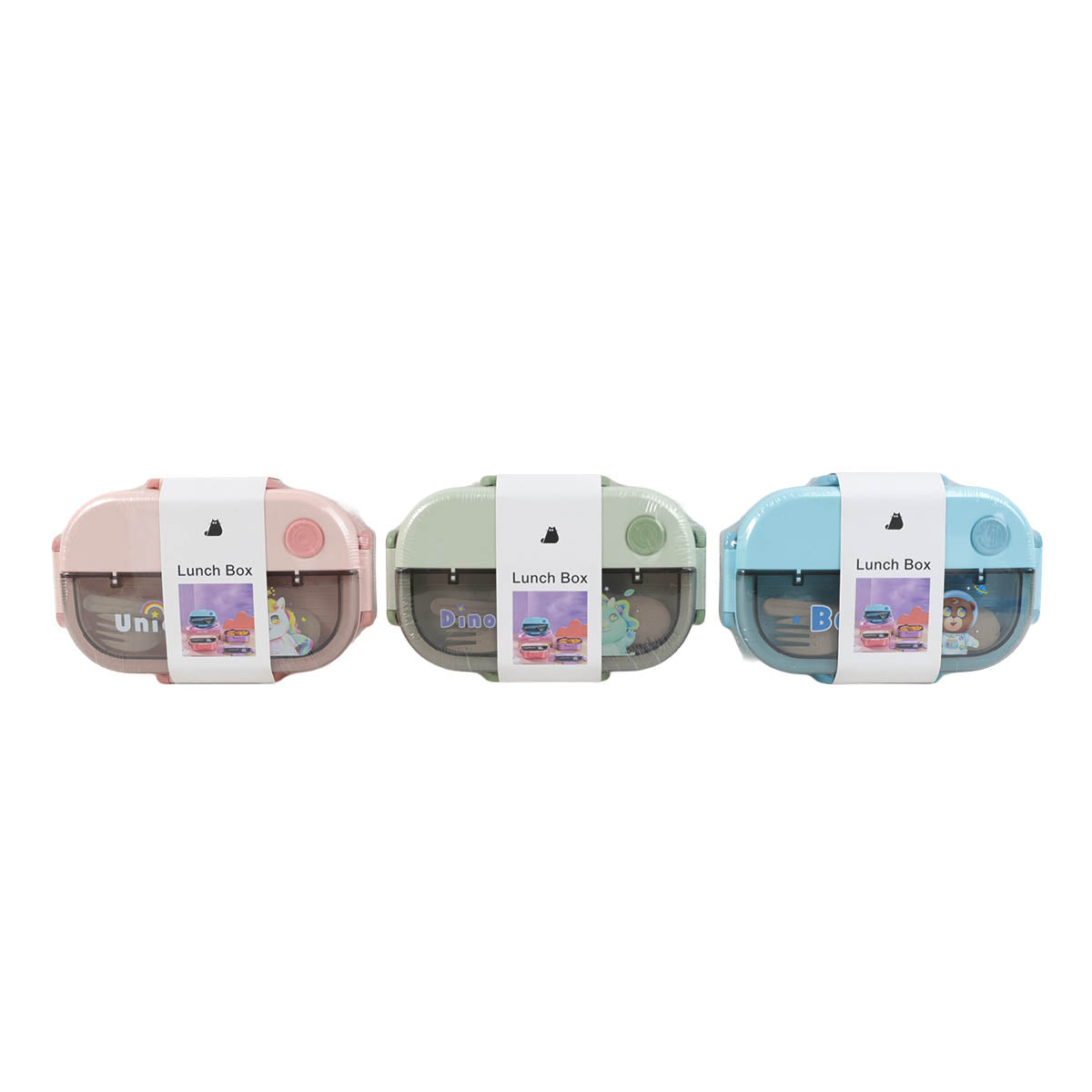 Set of three double-compartment lunchboxes: light pink, mint green, and light blue