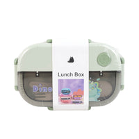 Mint green double-compartment lunchbox with spoon, hinged lid and round button