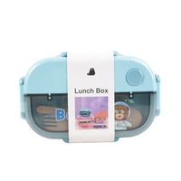 Light blue double-compartment lunchbox with spoon, clear-window hinged lid and side locks