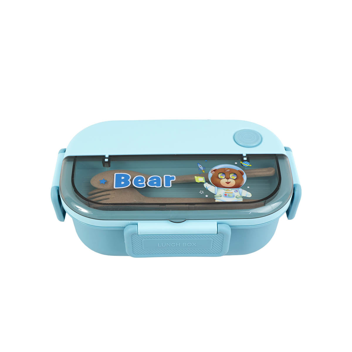 Light blue double-compartment lunchbox with cartoon front panel and round top latch
