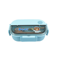 Light blue double-compartment lunchbox with cartoon front panel and round top latch