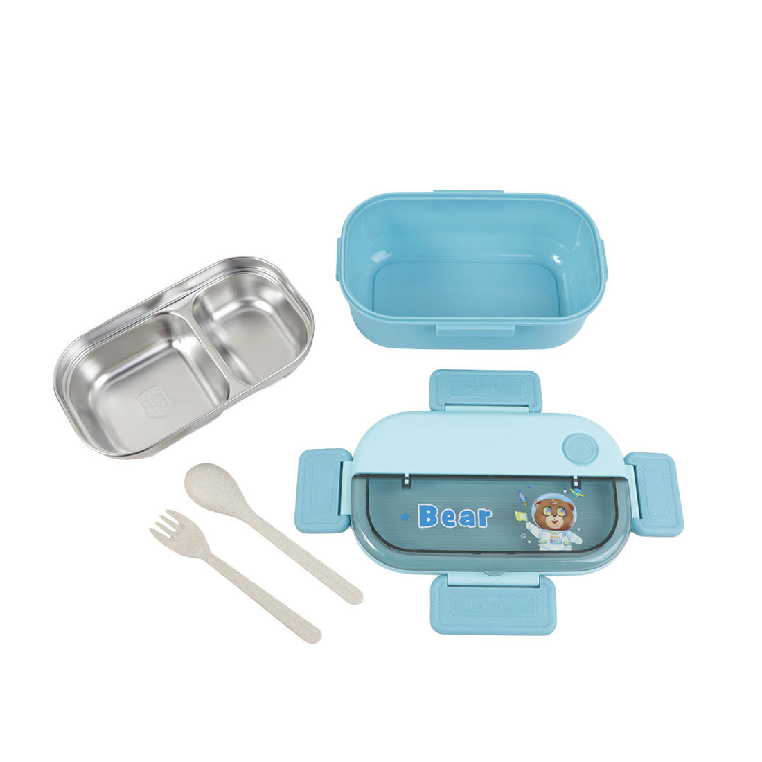 Light blue double-compartment lunchbox with spoon, open base and removable stainless tray
