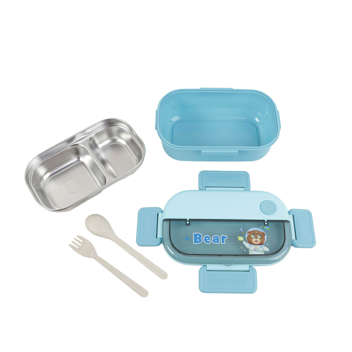 Light blue double-compartment lunchbox with spoon, open base and removable stainless tray
