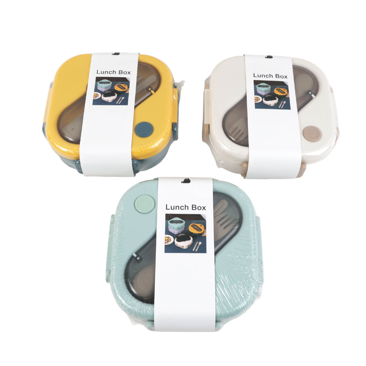 Square handleless lunch boxes in yellow, white, and light blue, shown together