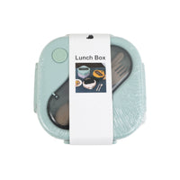 Light blue square handleless lunch box with hinged lid and round button