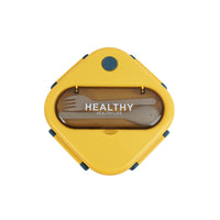 Yellow square handleless lunch box with corner latches and round top button