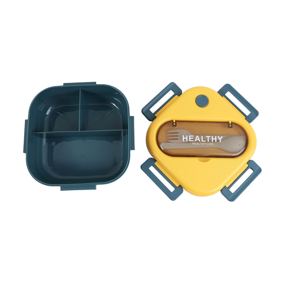 Yellow square lunch box open with dark base, utensil tray, and hinged lid