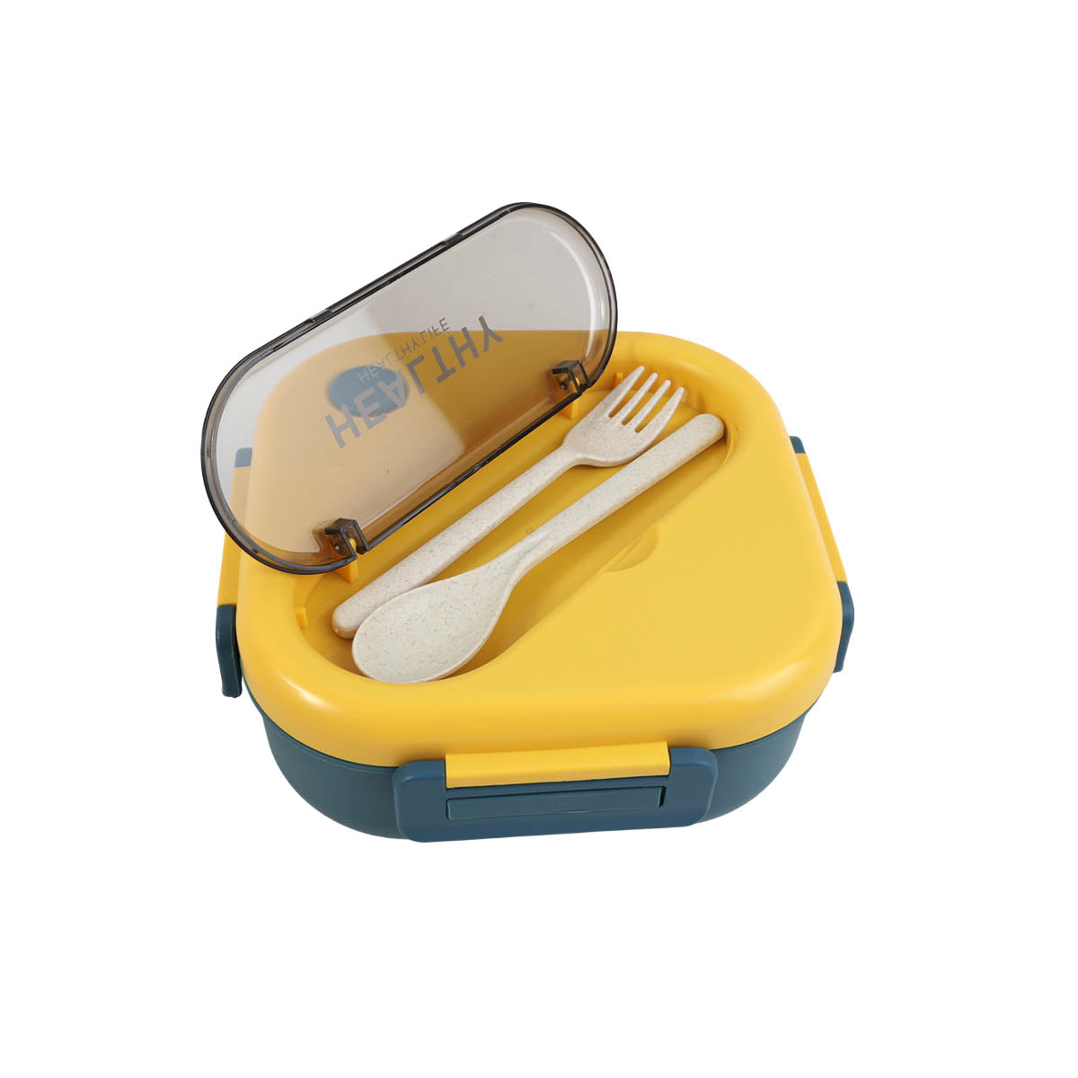Yellow square handleless lunch box open with clear lid window and utensil set