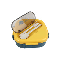 Yellow square handleless lunch box open with clear lid window and utensil set
