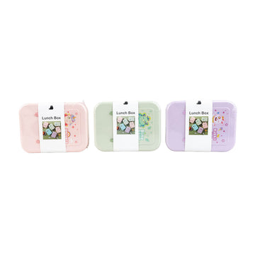 Kids lunch box in mint, pink, and purple colors, each with a white center latch