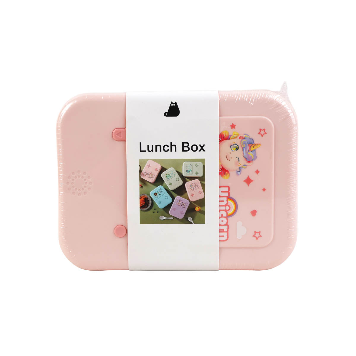 Pink kids lunch box with cartoon graphics on the right side and side latch details