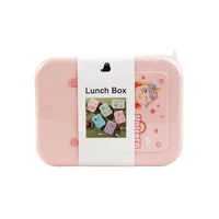 Pink kids lunch box with cartoon graphics on the right side and side latch details
