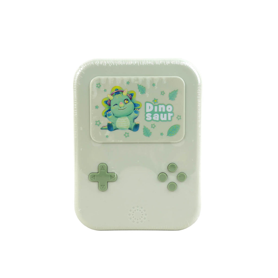 Light mint green kids lunch box with Dino Saur themed front graphics