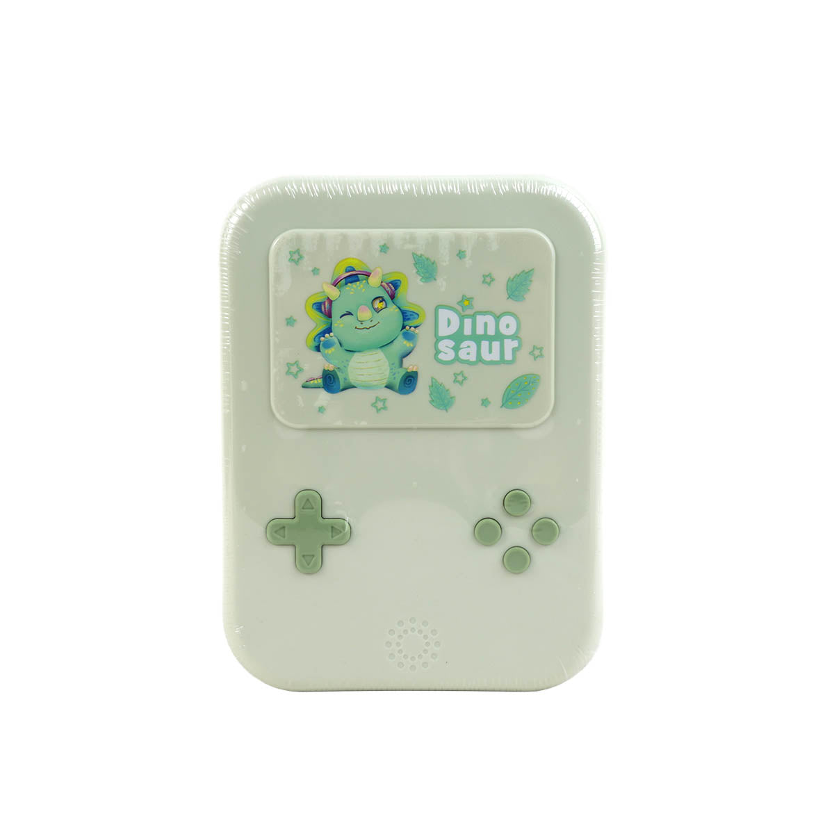 Light mint green kids lunch box with Dino Saur themed front graphics