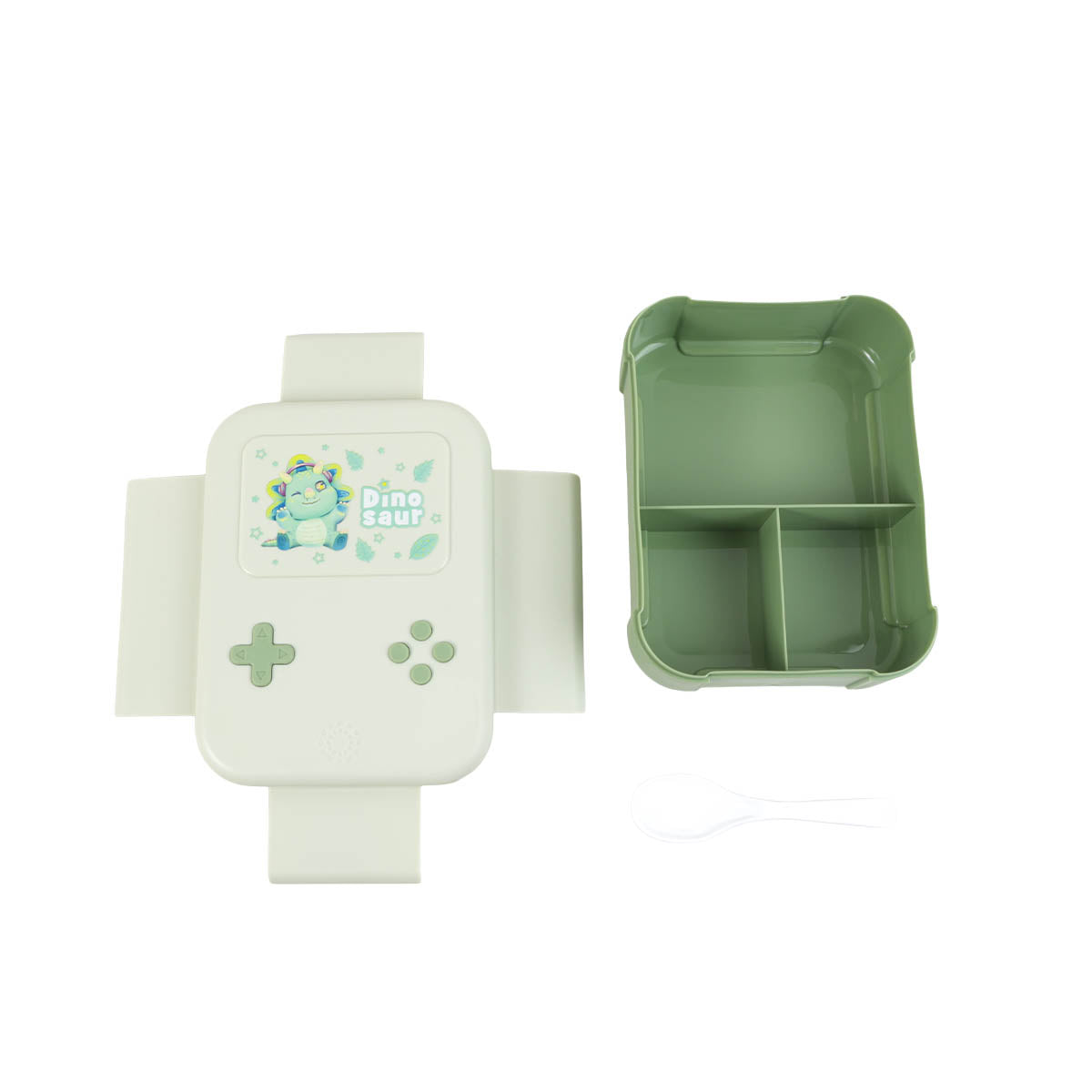 Kids lunch box open view showing green interior divider and outer shell with Dino graphic