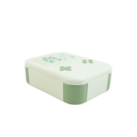 Square mint green kids lunch box with clover-style decorations and green corner accents