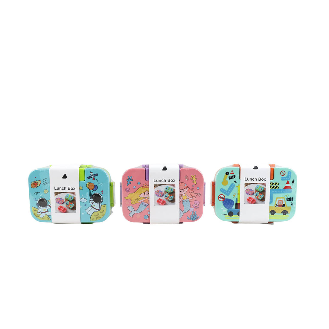 3-compartment plastic lunch boxes with mixed designs, shown closed with white latch