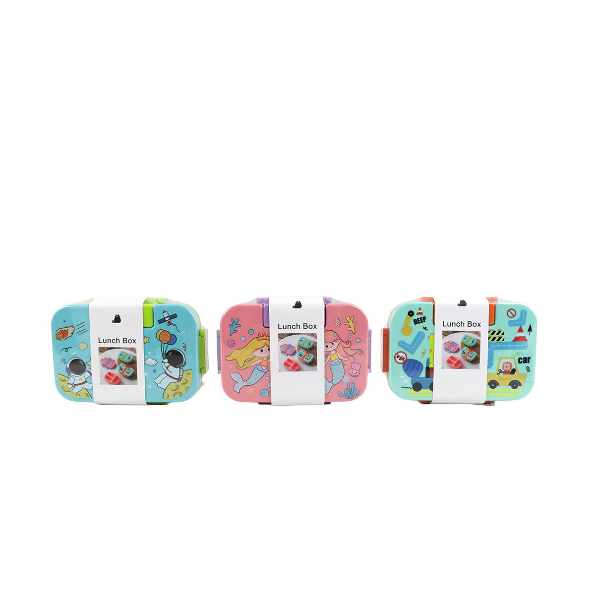 3-compartment plastic lunch boxes with mixed designs, shown closed with white latch