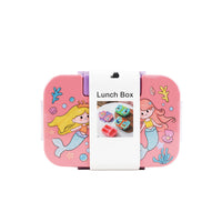 3-compartment plastic lunch box with mermaid-themed pink lid and side panels