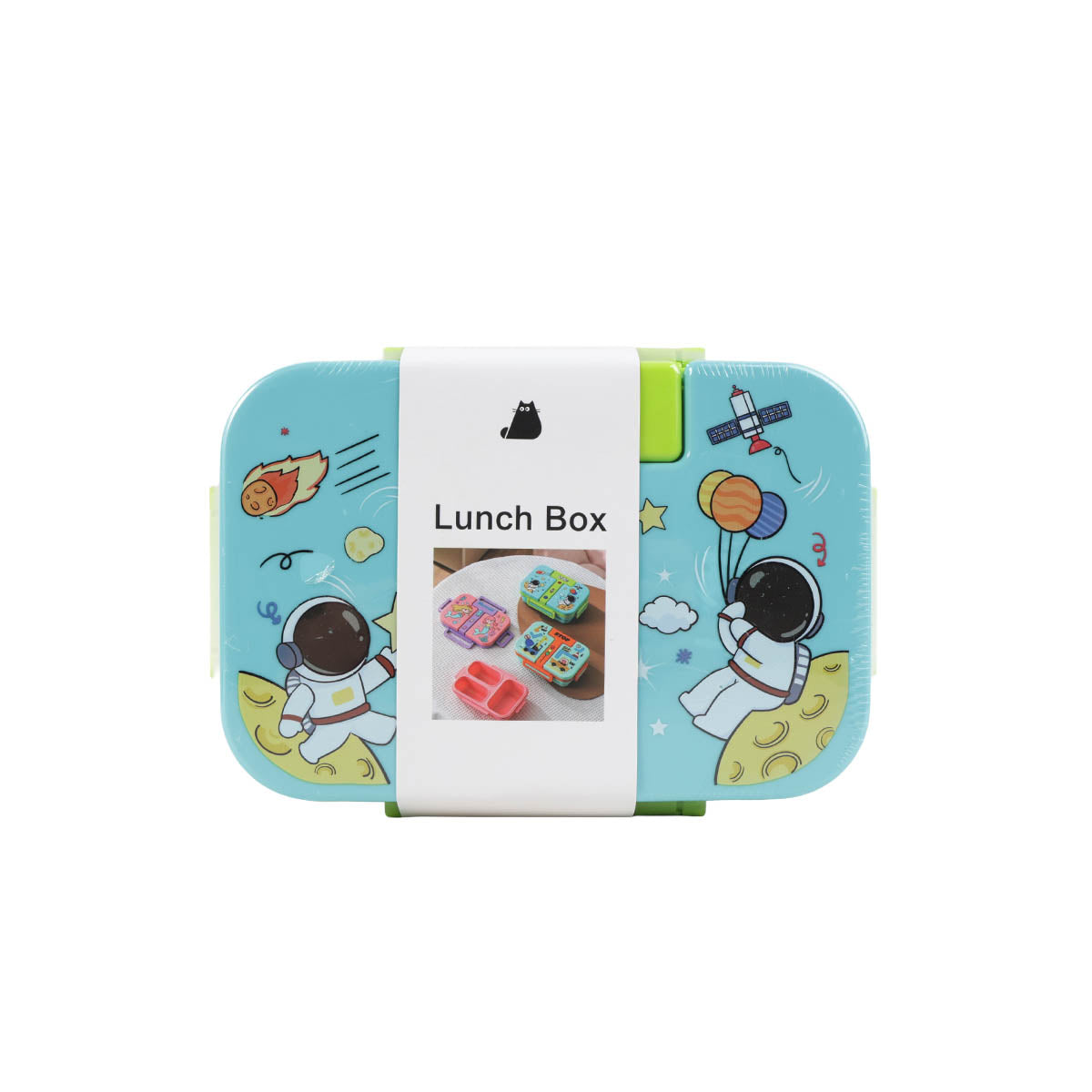 3-compartment plastic lunch box with astronaut-themed teal lid and lime side panel